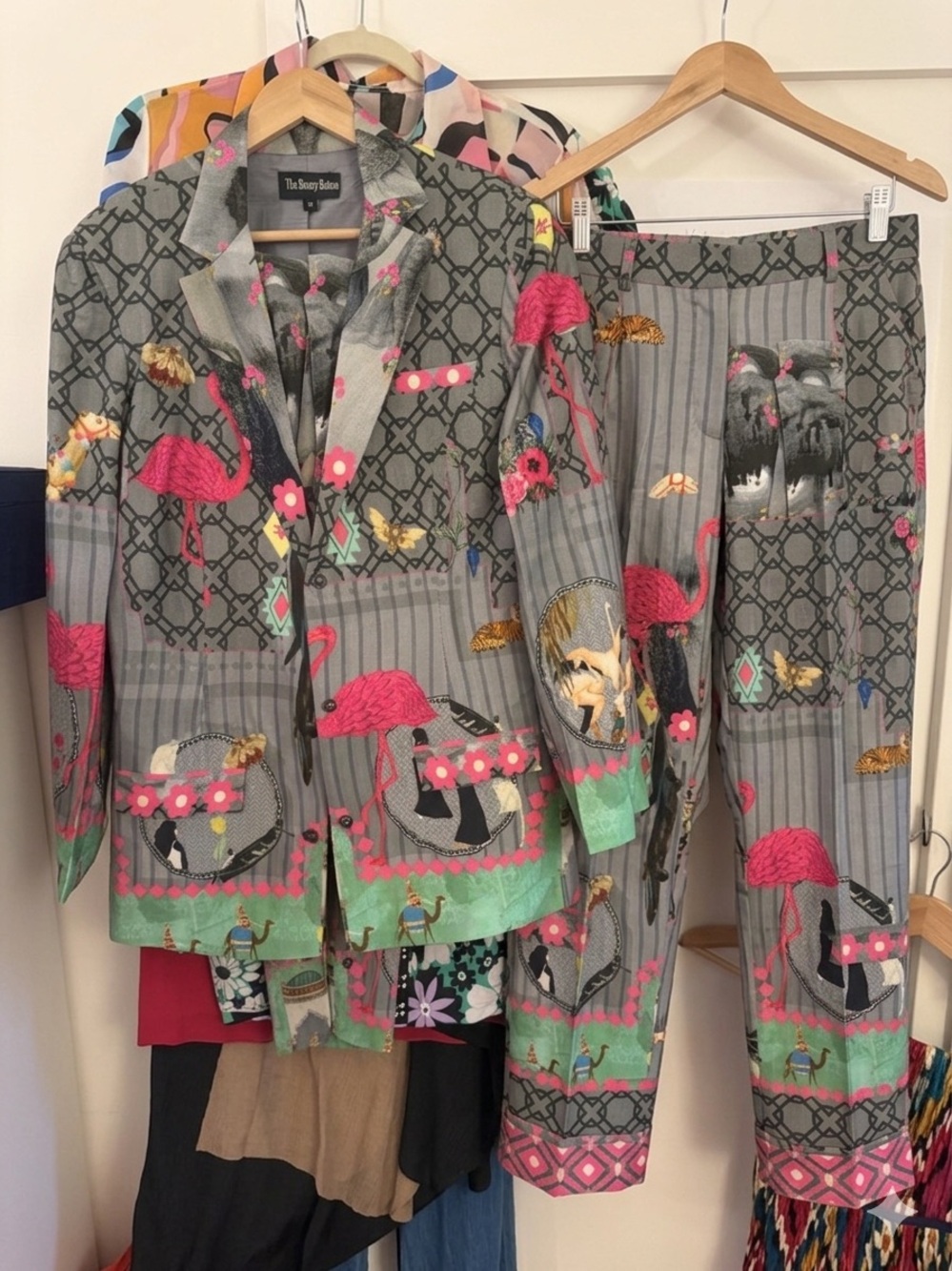 The Sassy Saloon Grey Flamingo Print Blazer & Pants Set